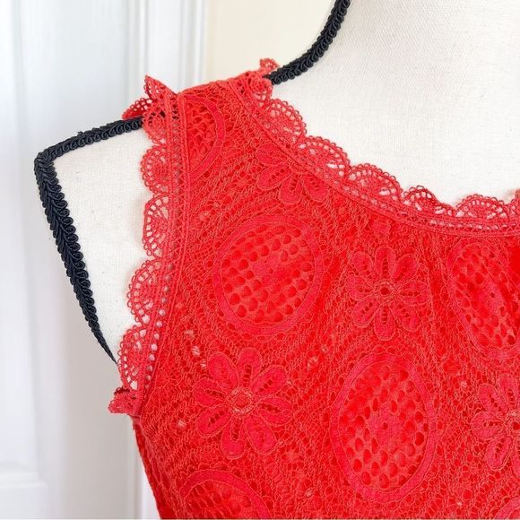Max Studio XS Red Orange Bright Cheerful Floral Lacy Layered Sleeveless Dress - Picture 4 of 13